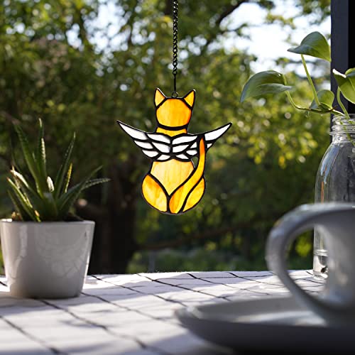 BOXCASA Angel Cat Memorial Gifts Ornaments,Stained Glass Window Hanging Decorations,Angel Wings Orange Cat Suncatcher Decor,Cat Lovers Gifts Ornaments,Pet Memorial Sympathy Gifts Decoration