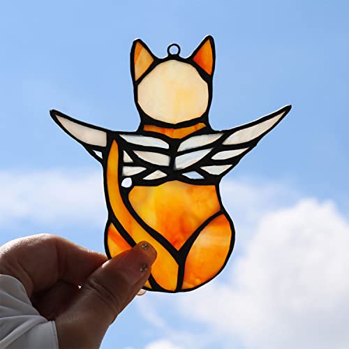 BOXCASA Angel Cat Memorial Gifts Ornaments,Stained Glass Window Hanging Decorations,Angel Wings Orange Cat Suncatcher Decor,Cat Lovers Gifts Ornaments,Pet Memorial Sympathy Gifts Decoration