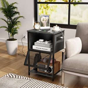 NONGSHIM Nightstand with Charging Station and USB Ports, Night Stand with Flip Drawer and Open Storage Shelf,Bedside Table for Small Spaces,Side End Table for Bedroom,Living Room-Grey