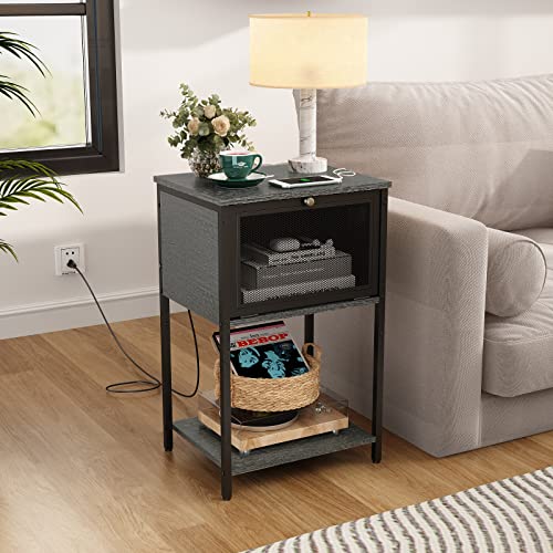 NONGSHIM Nightstand with Charging Station and USB Ports, Night Stand with Flip Drawer and Open Storage Shelf,Bedside Table for Small Spaces,Side End Table for Bedroom,Living Room-Grey
