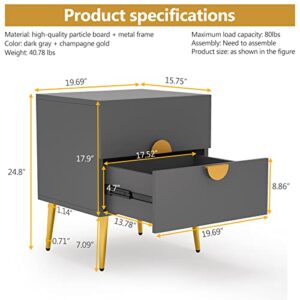 Tribesigns Nightstands Set of 2, Mid-Century Modern Nightstand with 2 Drawers, Bedside Tables with Champagne Metal Legs, End Table for Bedroom