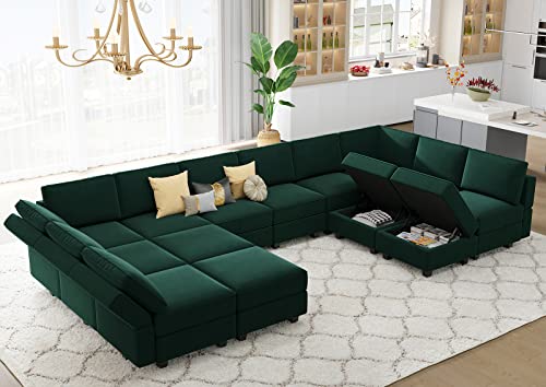 Belffin Oversized Modular sectional Sofa with Double Chaises U Shaped Sectional Sleeper Sofa Couch Reversible Sectional Sofa with Storage Velvet Green