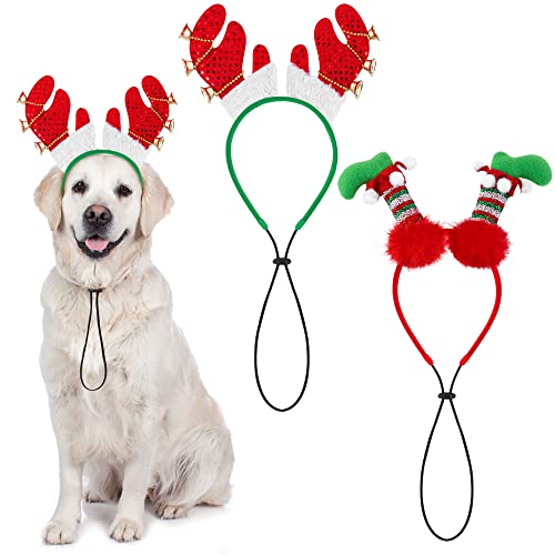 Tiibot 2 Pack Christmas Pet Headband Reindeer Antlers Headband with Bells Elf Hair Hoop Xmas Dog Headwear Christmas Pet Costume Accessories for Dog Puppy Cat