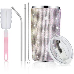 20 oz bling tumbler bling cups rhinestone water bottle with lid straw and brush stainless steel thermal straw cup for women (ab color, pink)