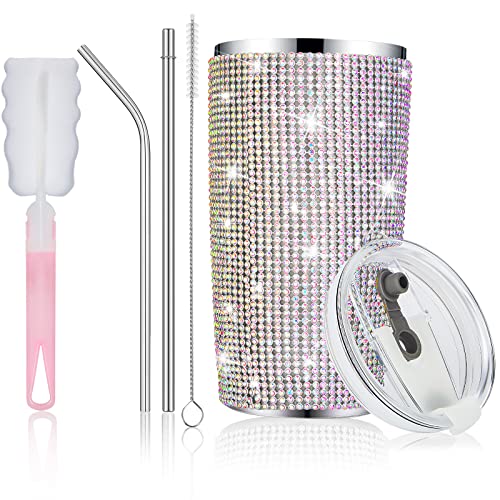 20 oz Bling Tumbler Bling Cups Rhinestone Water Bottle with Lid Straw and Brush Stainless Steel Thermal Straw Cup for Women (AB Color, Pink)