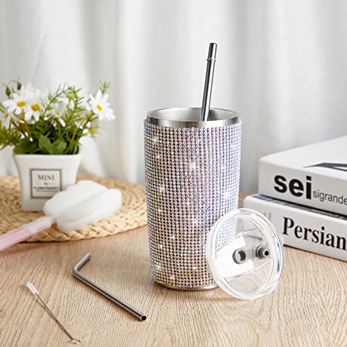 20 oz Bling Tumbler Bling Cups Rhinestone Water Bottle with Lid Straw and Brush Stainless Steel Thermal Straw Cup for Women (AB Color, Pink)