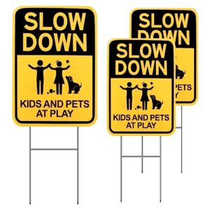 eyoloty slow down sign with h stake,16"x12" kids & pets at play sign for street neighborhoods,double sided children playing safety sign,waterproof,fade resistant,kids playing sign for street 3 pack