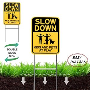 Eyoloty Slow Down Sign with H Stake,16"x12" Kids & Pets at Play Sign for Street Neighborhoods,Double Sided Children Playing Safety Sign,Waterproof,Fade Resistant,Kids Playing Sign for Street 3 Pack