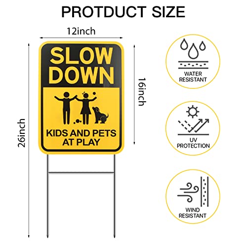 Eyoloty Slow Down Sign with H Stake,16"x12" Kids & Pets at Play Sign for Street Neighborhoods,Double Sided Children Playing Safety Sign,Waterproof,Fade Resistant,Kids Playing Sign for Street 3 Pack