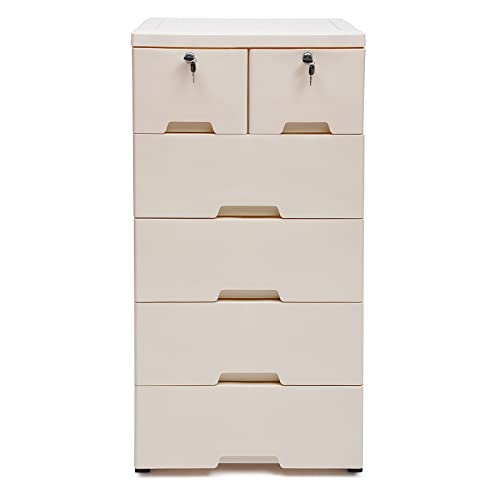WOQLIBE Dresser Drawer Organizers,Plastic Dresser with 6 Drawers, Tall Lockable Storage Cabinet with Wheel, Dresser Drawer Organizers for Clothing/Bedroom/Playing Room,19.7x13.8x40 in(Beige)