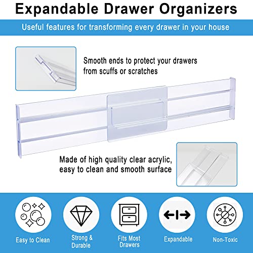 HSYP WOOD Adjustable Drawer Dividers for Clothing & Home Utensils-4 Pack of Clear Plastic Drawer Organizers, 3.2", Expandable 11-19". Ideal for Kitchen Organizers and Storage