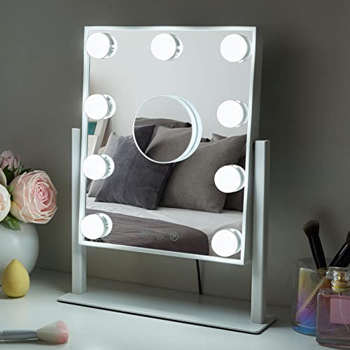 Hompoem Vanity Mirror with Lights,9 Led Bulbs Hollywood Vanity Mirror with Lights,Touch Control Design 3 Colors Dimable,Detachable 10x Magnification Mirror Lighted Vanity Mirror(White)