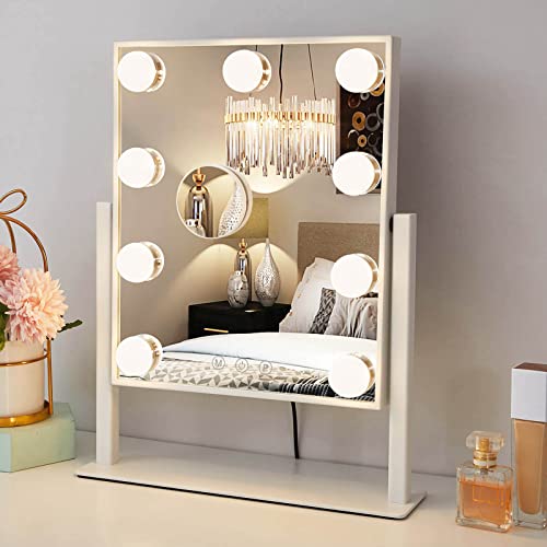 Hompoem Vanity Mirror with Lights,9 Led Bulbs Hollywood Vanity Mirror with Lights,Touch Control Design 3 Colors Dimable,Detachable 10x Magnification Mirror Lighted Vanity Mirror(White)