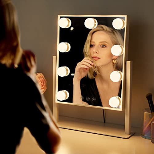 Hompoem Vanity Mirror with Lights,9 Led Bulbs Hollywood Vanity Mirror with Lights,Touch Control Design 3 Colors Dimable,Detachable 10x Magnification Mirror Lighted Vanity Mirror(White)