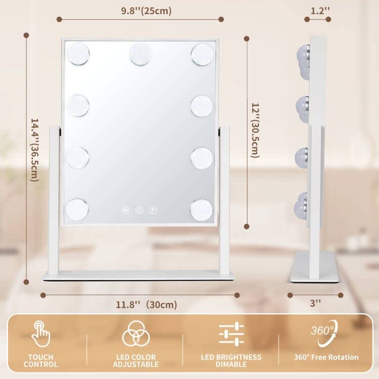 Hompoem Vanity Mirror with Lights,9 Led Bulbs Hollywood Vanity Mirror with Lights,Touch Control Design 3 Colors Dimable,Detachable 10x Magnification Mirror Lighted Vanity Mirror(White)