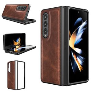 foluu for samsung galaxy z fold 4 5g leather case, slim pu leather & hard pc shell, ultra-thin protective cover - brown