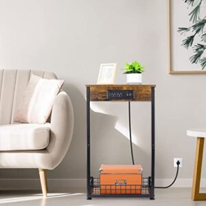 ABQ End Table with Charging Station & USB Ports, C Shaped TV Tray Table with Storage Shelf, Narrow Side Table for Laptop, Sofa, Living Room, Bedroom