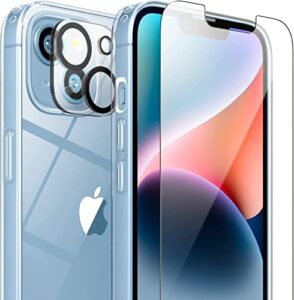 flexgear case for iphone 14 plus with 2x tempered glass screen protectors + 2x camera lens protectors [full protection] - crystal clear