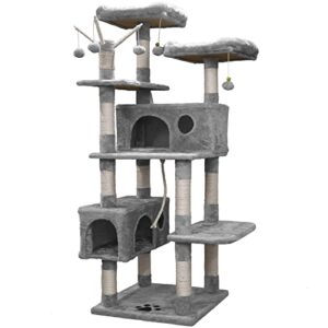 negtte cat tree tower for indoor cats,64 inches large multi-level cat activity center with condos,scratching posts,removable fur ball sticks,light gray