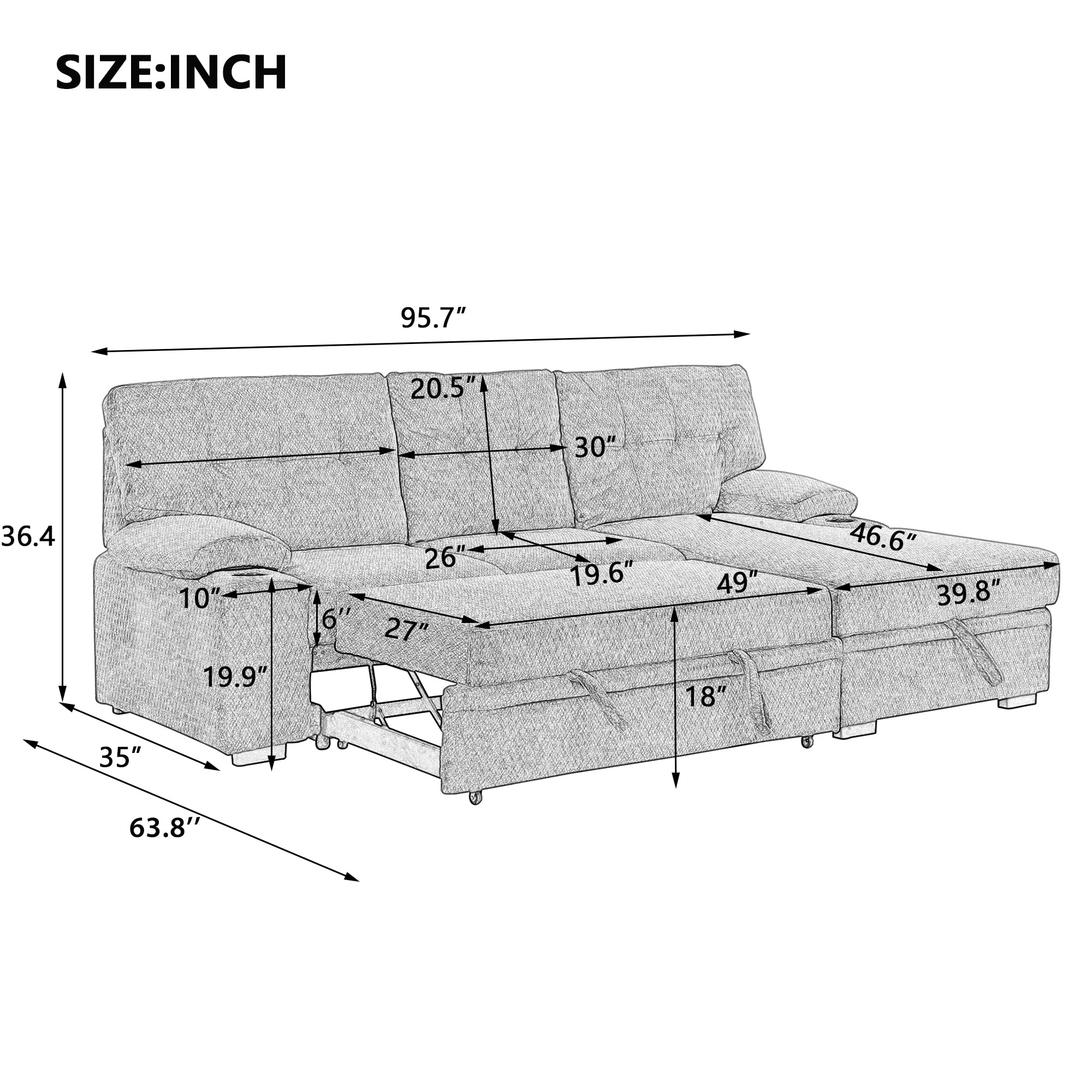 L-Shaped Sectional Sofa, YOGLAD Convertible Pull Out Bed, Sleeper Couch with Storage Lounge Chaise on Right hand side, Corner Sofa Bed with Cup Holder, 95", Furniture for Living Room (Polyester, Gray)