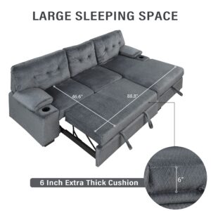 L-Shaped Sectional Sofa, YOGLAD Convertible Pull Out Bed, Sleeper Couch with Storage Lounge Chaise on Right hand side, Corner Sofa Bed with Cup Holder, 95", Furniture for Living Room (Polyester, Gray)