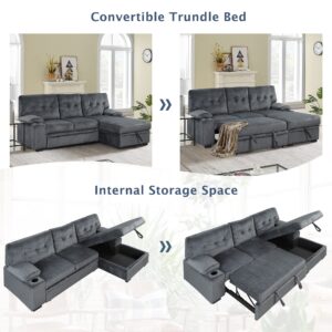 L-Shaped Sectional Sofa, YOGLAD Convertible Pull Out Bed, Sleeper Couch with Storage Lounge Chaise on Right hand side, Corner Sofa Bed with Cup Holder, 95", Furniture for Living Room (Polyester, Gray)