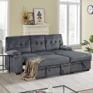 L-Shaped Sectional Sofa, YOGLAD Convertible Pull Out Bed, Sleeper Couch with Storage Lounge Chaise on Right hand side, Corner Sofa Bed with Cup Holder, 95", Furniture for Living Room (Polyester, Gray)