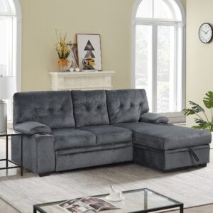 L-Shaped Sectional Sofa, YOGLAD Convertible Pull Out Bed, Sleeper Couch with Storage Lounge Chaise on Right hand side, Corner Sofa Bed with Cup Holder, 95", Furniture for Living Room (Polyester, Gray)