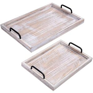 lotfancy rustic wood serving trays, set of 2, nesting food trays with metal handles, decorative charcuterie board platter for ottoman, coffee table, countertop centerpiece