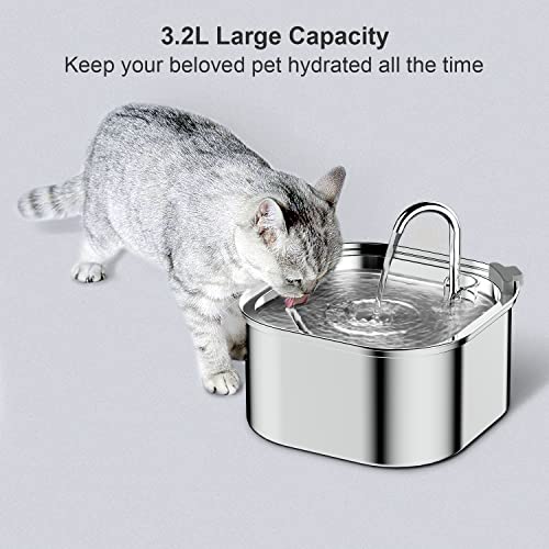 NautyPaws Cat Water Fountain, 3.2L/108oz Automatic Stainless Steel Pet Fountain Dog Water Dispenser with Super Quiet Design - Ideal for Cats, Dogs, and Multiple Pets - Dishwasher Safe