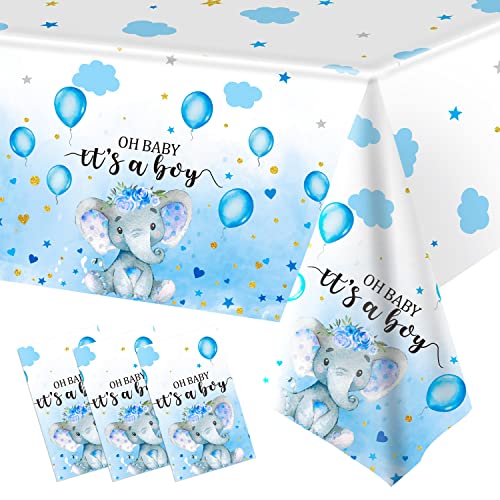 3 Pack Elephant Baby Shower Tablecloth Decorations, Elephant Baby Shower Decorations, Plastic Tablecloth Table Cover Backdrop for Baby Boy Girl Gender Baby Shower Party Supplies, 54 x 108 Inch, Blue