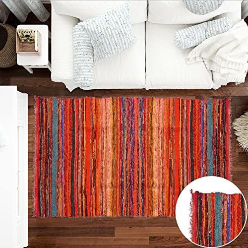 Ekakshx Multi Color Chindi Rag Rug 4X6' | Hand Woven Rug & Reversible Runner Rug | Recycled Cotton Colorful Chindi Rug for Living Room Kitchen | Rustic Rug | Runner Rugs (4 * 6 Feet, Red Color)