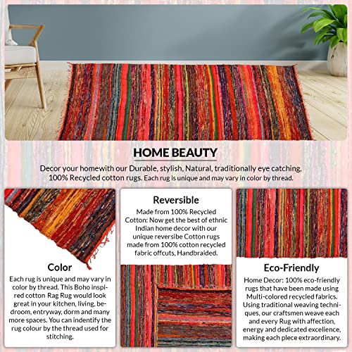 Ekakshx Multi Color Chindi Rag Rug 4X6' | Hand Woven Rug & Reversible Runner Rug | Recycled Cotton Colorful Chindi Rug for Living Room Kitchen | Rustic Rug | Runner Rugs (4 * 6 Feet, Red Color)