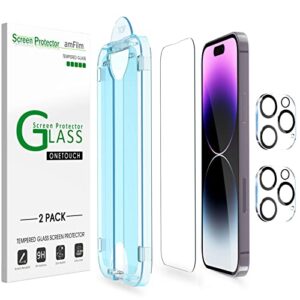 amfilm onetouch glass screen protector for iphone 14 pro 6.1 inch 2022 with camera lens protector, easiest installation, dynamic island compatible, bubble free, tempered glass, 2+2 pack