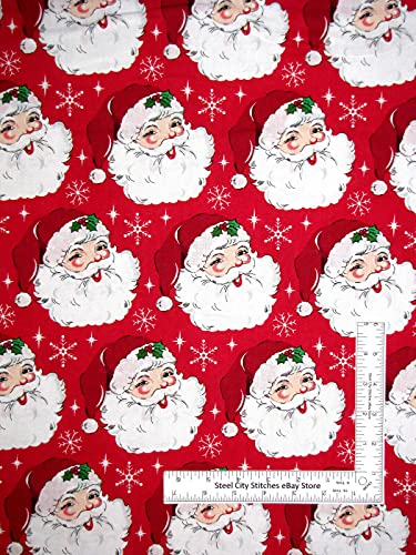 FlashPhoenix Quality Sewing Fabric –Christmas Santa Claus Heads Snowflakes Red 100% Cotton Fabric 23x44 inch