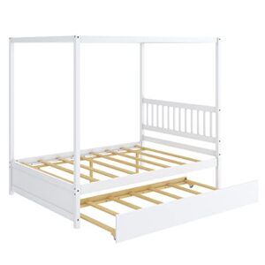 Giantex Canopy Bed with Trundle, Full Size Kids Solid Wood Platform Bed Frame w/Headboard Wooden Twin Trundle Bed for Boys Girls, No Box Spring Needed (White)