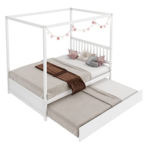 Giantex Canopy Bed with Trundle, Full Size Kids Solid Wood Platform Bed Frame w/Headboard Wooden Twin Trundle Bed for Boys Girls, No Box Spring Needed (White)