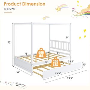 Giantex Canopy Bed with Trundle, Full Size Kids Solid Wood Platform Bed Frame w/Headboard Wooden Twin Trundle Bed for Boys Girls, No Box Spring Needed (White)