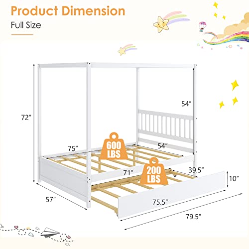 Giantex Canopy Bed with Trundle, Full Size Kids Solid Wood Platform Bed Frame w/Headboard Wooden Twin Trundle Bed for Boys Girls, No Box Spring Needed (White)