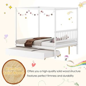 Giantex Canopy Bed with Trundle, Full Size Kids Solid Wood Platform Bed Frame w/Headboard Wooden Twin Trundle Bed for Boys Girls, No Box Spring Needed (White)