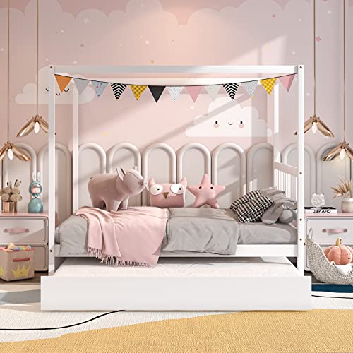 Giantex Canopy Bed with Trundle, Full Size Kids Solid Wood Platform Bed Frame w/Headboard Wooden Twin Trundle Bed for Boys Girls, No Box Spring Needed (White)