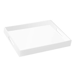 mikinee 12×16 inches glossy white acrylic serving tray with handles ottoman tray decorative tray spill-proof water-proof coffee table space saver countertop organizer platter with safe edge