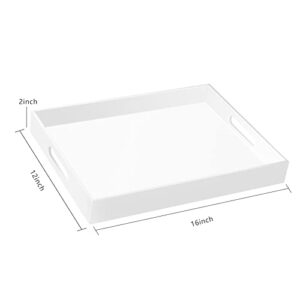 MIKINEE 12×16 Inches Glossy White Acrylic Serving Tray with Handles Ottoman Tray Decorative Tray Spill-Proof Water-Proof Coffee Table Space Saver Countertop Organizer Platter with Safe Edge