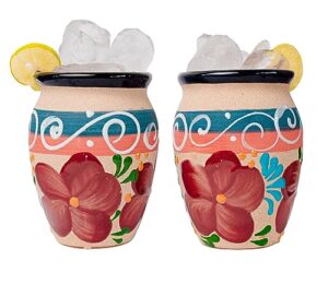 cantaritos de barro jarritos mexicanos - set of 2 authentic mexican glazed clay mugs 14 oz for drink margaritas & tequila special for taco tuesda & mexican parties (navy blue rim flowers desing)