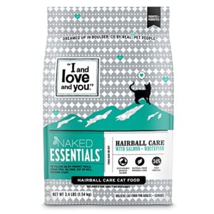 i and love and you" naked essentials dry cat food, hairball care salmon and whitefish recipe, grain free, real meat, no fillers, 3.4 lb bag