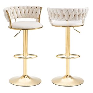 kinffict velvet swivel bar stools set of 2, adjustable counter height bar stool with woven back, upholstered kitchen dining chairs, modern barstools for kitchen island, cafe, pub, bar counter(ivory)