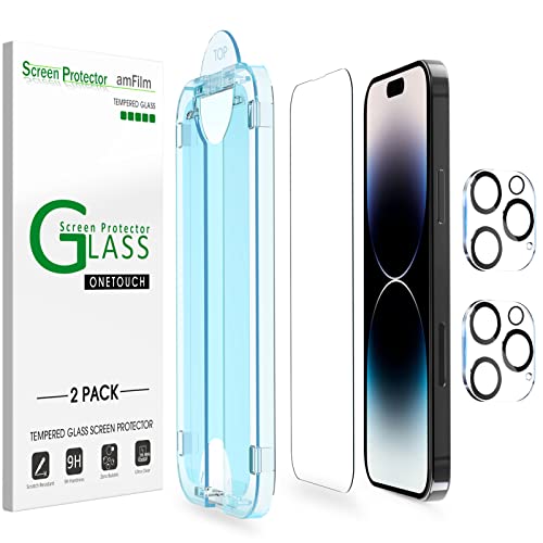 amFilm Screen Protector OneTouch Compatible for iPhone 14 Pro Max (6.7") 2022 with Camera Lens Protector, Easiest Installation, Dynamic Island Compatible, Bubble Free, Tempered Glass, 2+2 Pack