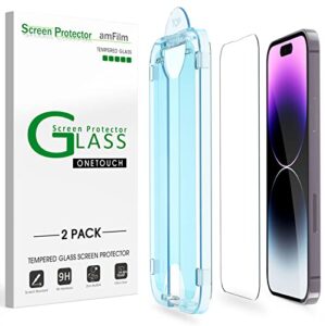 amfilm onetouch glass screen protector compatible for iphone 14 pro 6.1 inch 2022, easiest installation, dynamic island compatible, bubble free and full coverage case friendly, tempered glass, 2 pack