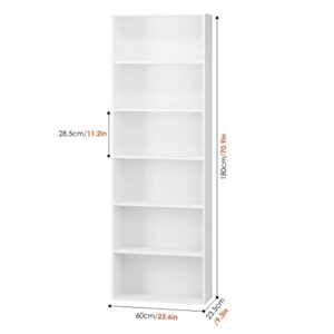 6 Tier Bookcase Freestanding Display Rack Wood-Look Bookshelf Open Shelf Storage Rack for Home Office - White, 23.6 x 9.25 x 70.8 in
