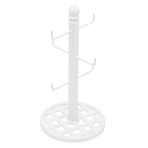 Home Basics Weave 6 Hook Cast Iron Mug Tree, White | Round Base | Rubber Feet | Strong Branches to Hold Mugs